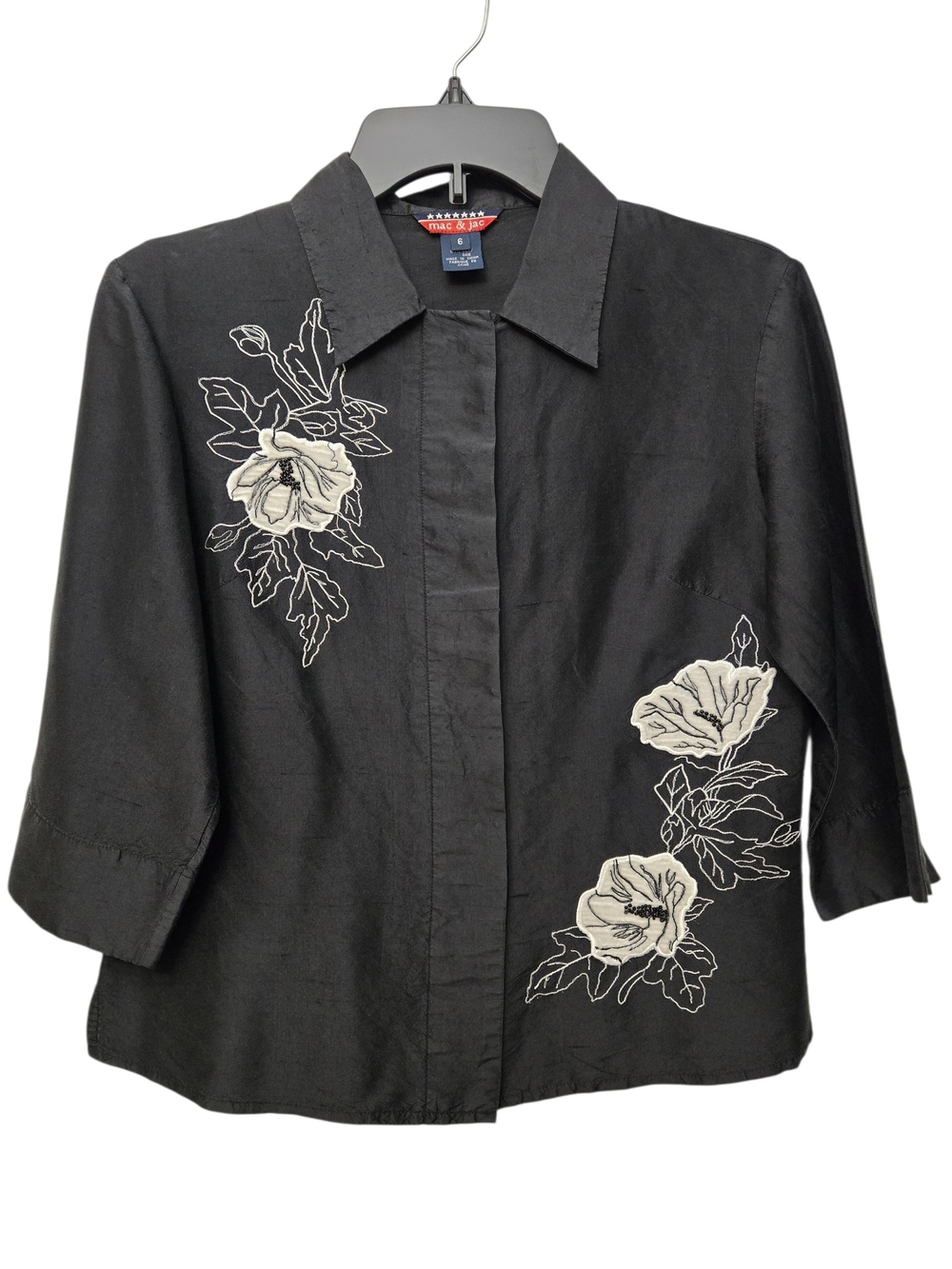 Mac & Jac Black Button-Front Silk Shirt with White Floral Embroidery Size 6